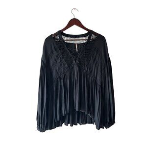 Free People Pebbled Dont Let Go Peasant Top Deep Forest SMALL BLACK